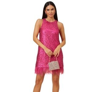 Aidan Mattox Sequin Trapeze Halter Dress Feather Trim